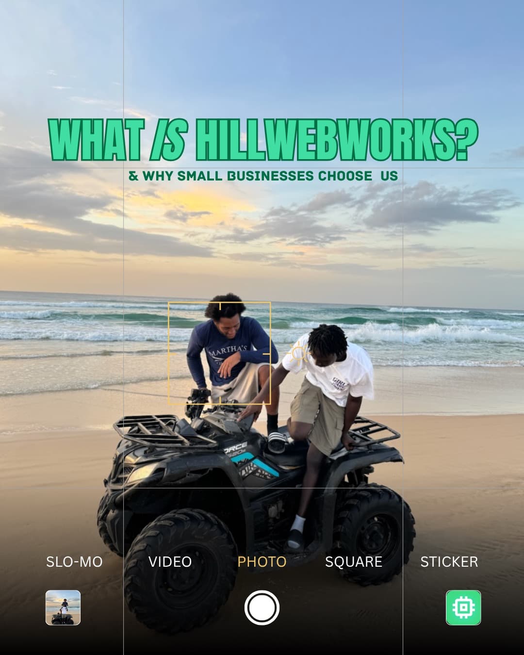 Pearson Hill and Moustapha Gueye on the beach — co-founders of HillWebWorks.